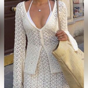 White Crochet Cardigan and Skirt Set